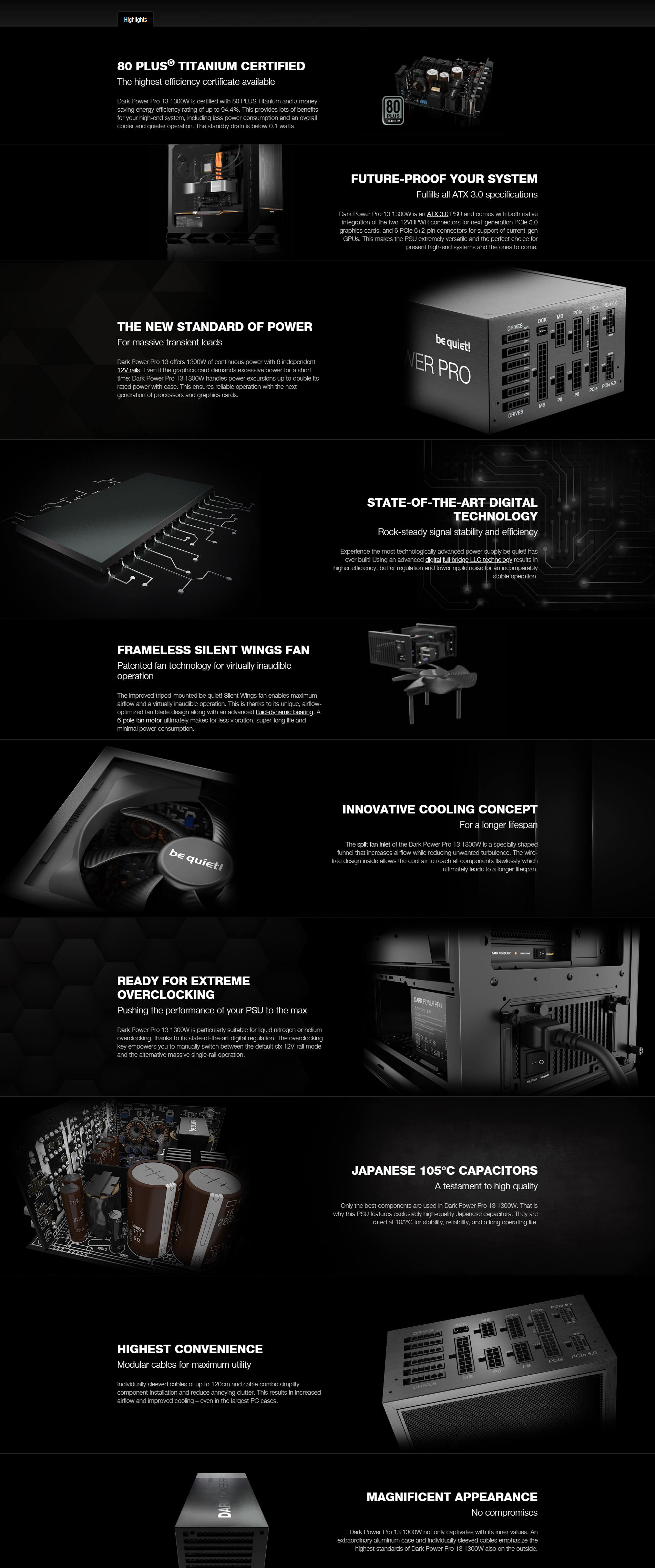 A large marketing image providing additional information about the product be quiet! Dark Power Pro 13 1300W Titanium PCIe 5.0 Modular PSU - Additional alt info not provided
